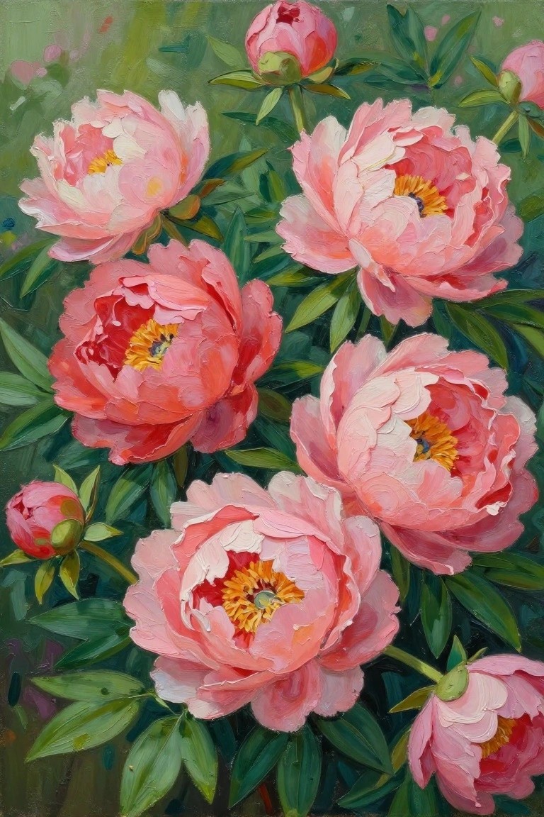 Pink peonies blooming with yellow centers amid lush green leaves in oil painting