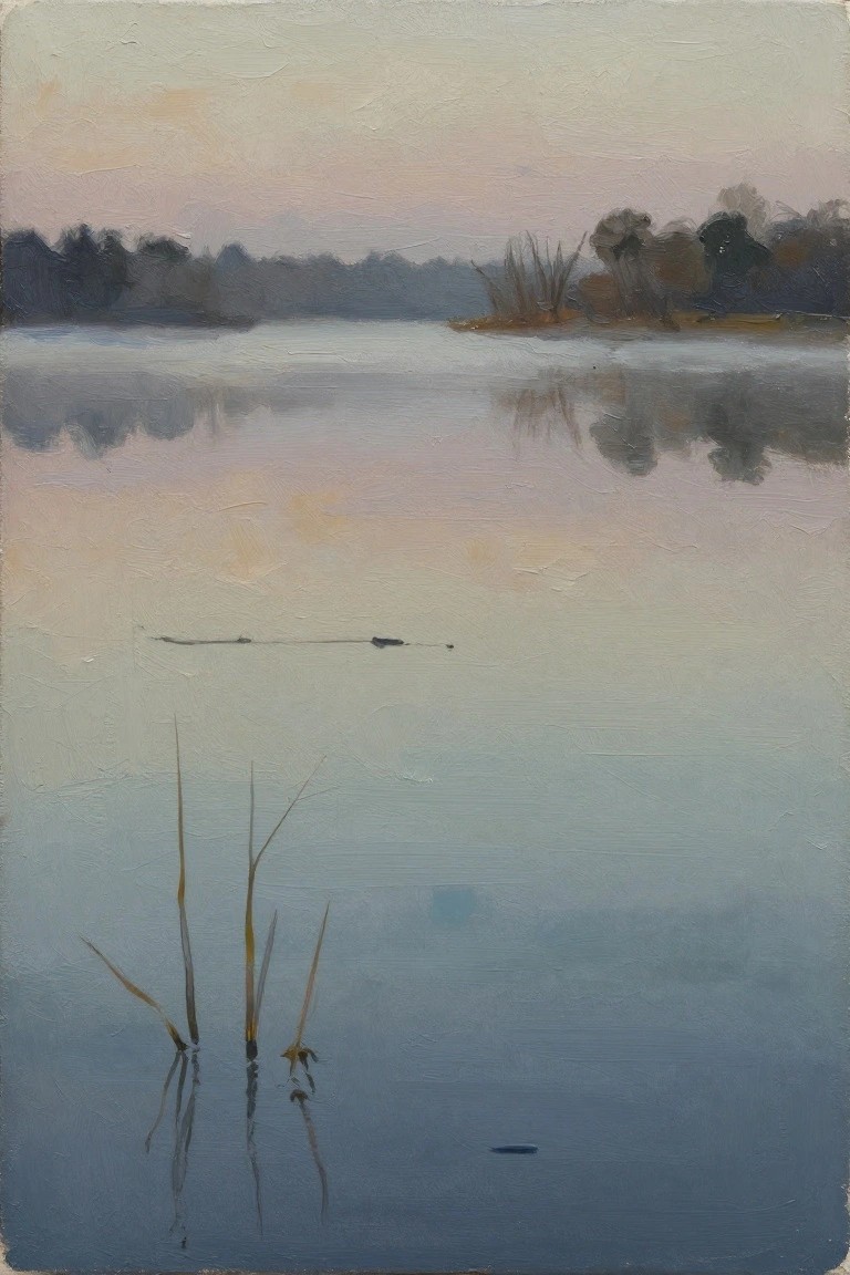 Calm misty lake reflecting pastel sky with foreground reeds and distant trees