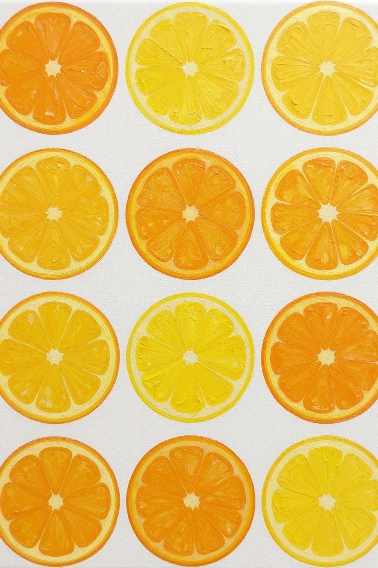 Four rows of painted citrus slices in bright orange and yellow hues