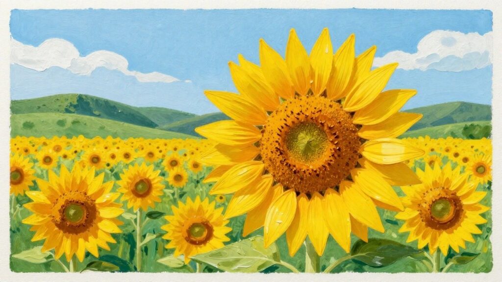 Bright yellow sunflower in green field under blue sky with white clouds