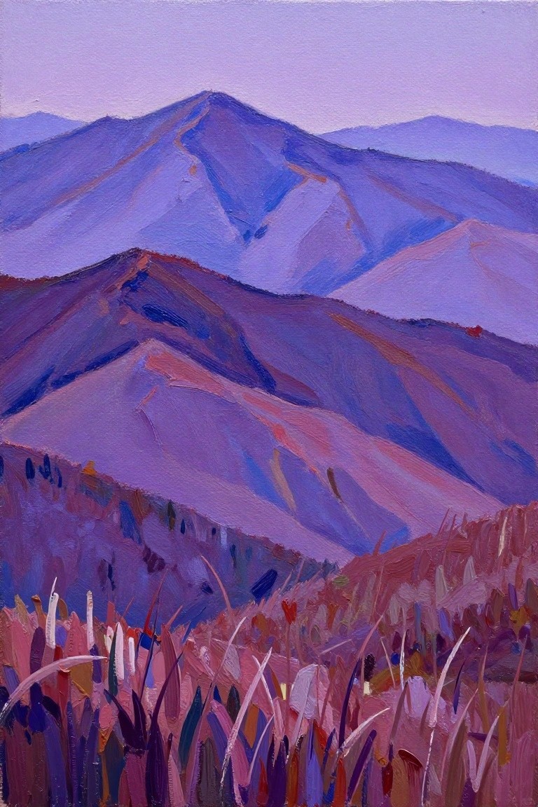 Layered purple mountains with vibrant colorful brushstroke foreground in oil painting style.