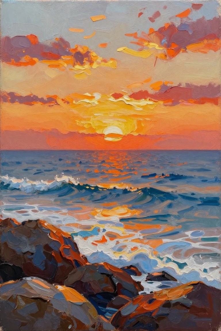 An acrylic painting of a bright orange and yellow sunset over the ocean with waves and dark rocks in the foreground.