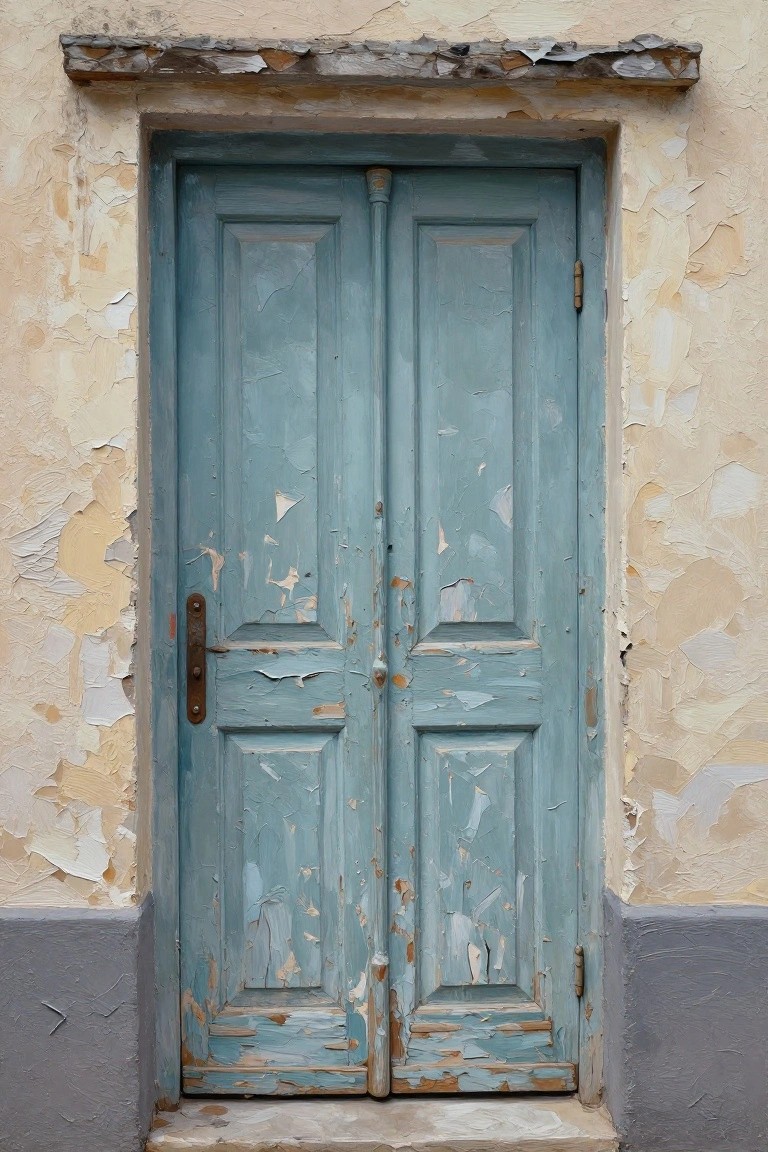 An acrylic painting of a blue double door showing extensive peeling paint against a damaged wall.
