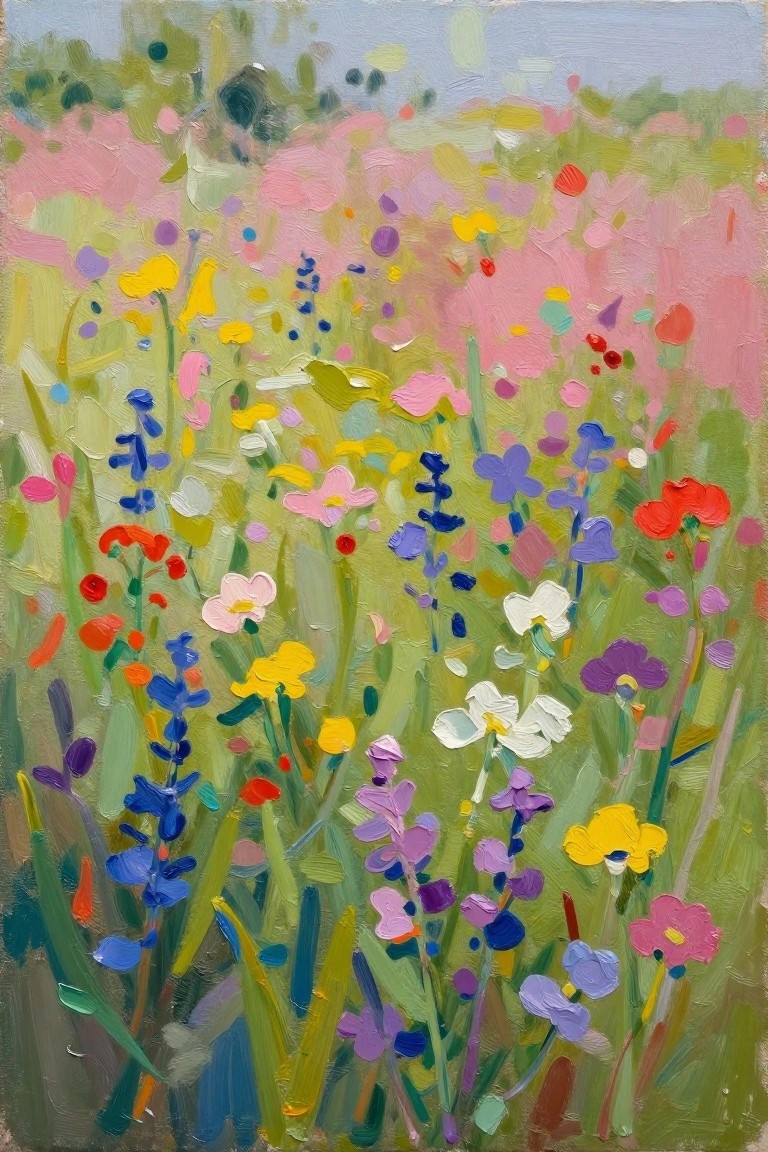Vibrant meadow of pink, blue, yellow, and purple wildflowers in oil paint