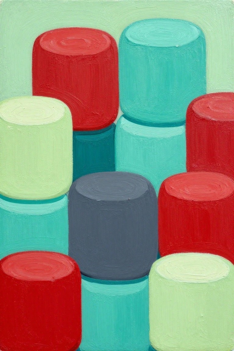Acrylic painting of stacked cylindrical shapes in red, cyan, green, and gray on a light green background.