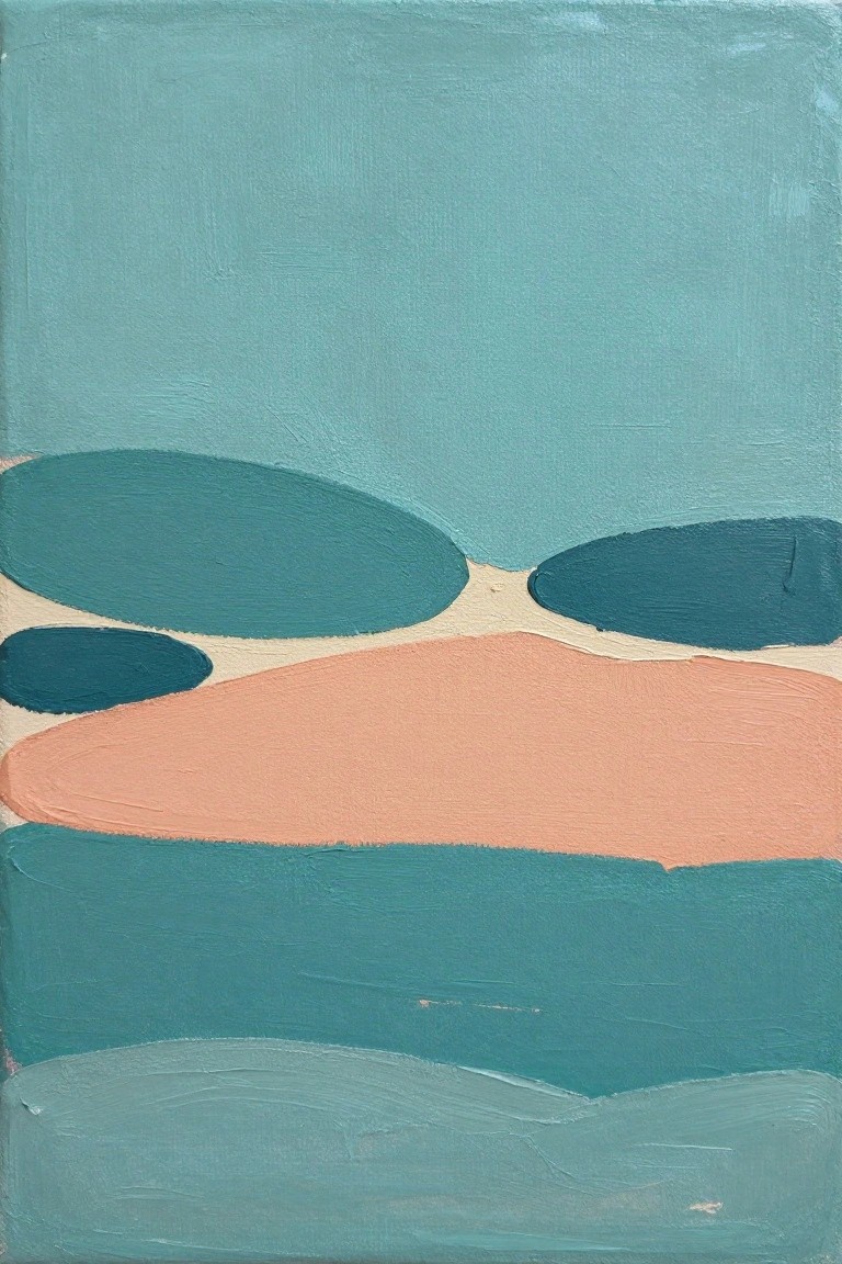 Abstract artwork with overlapping teal, coral, and beige organic shapes.