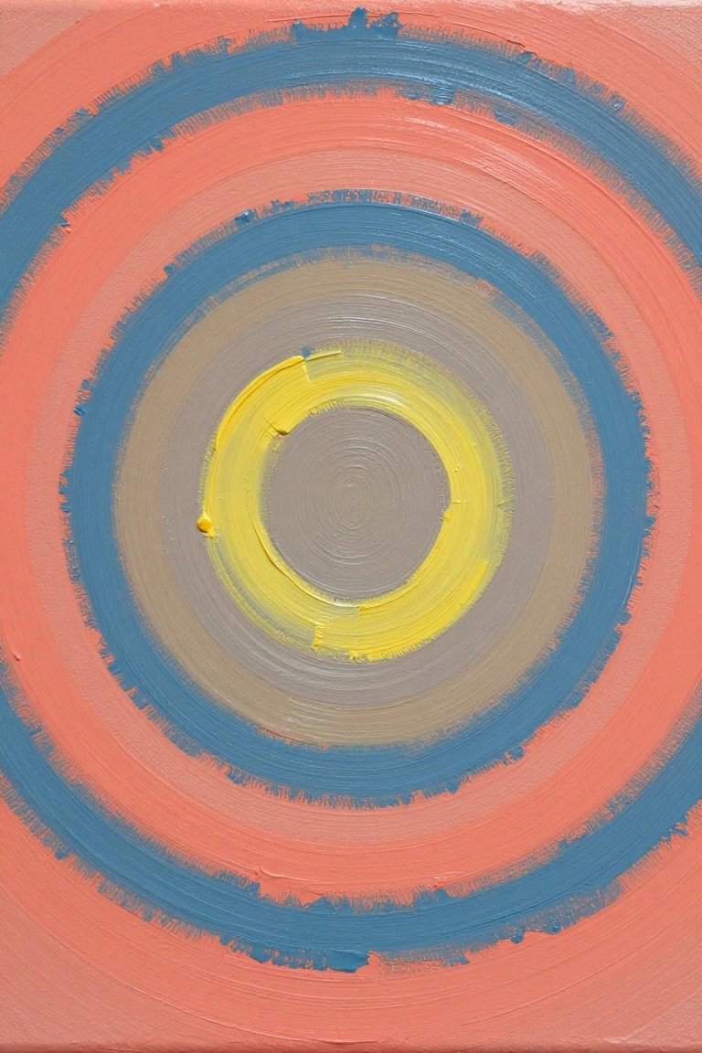 Concentric circles in coral, blue, yellow, and gray with textured brushstrokes.