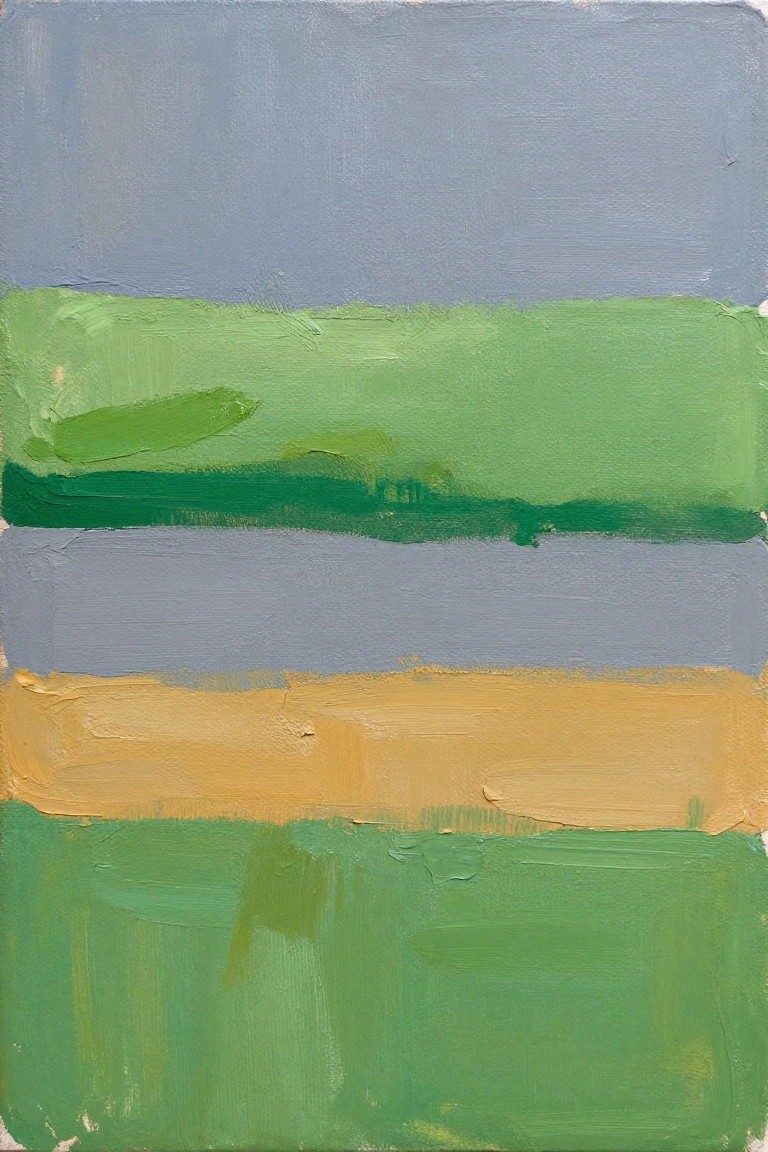 Abstract painting with thick horizontal brushstrokes in blue, green, gray, and yellow.