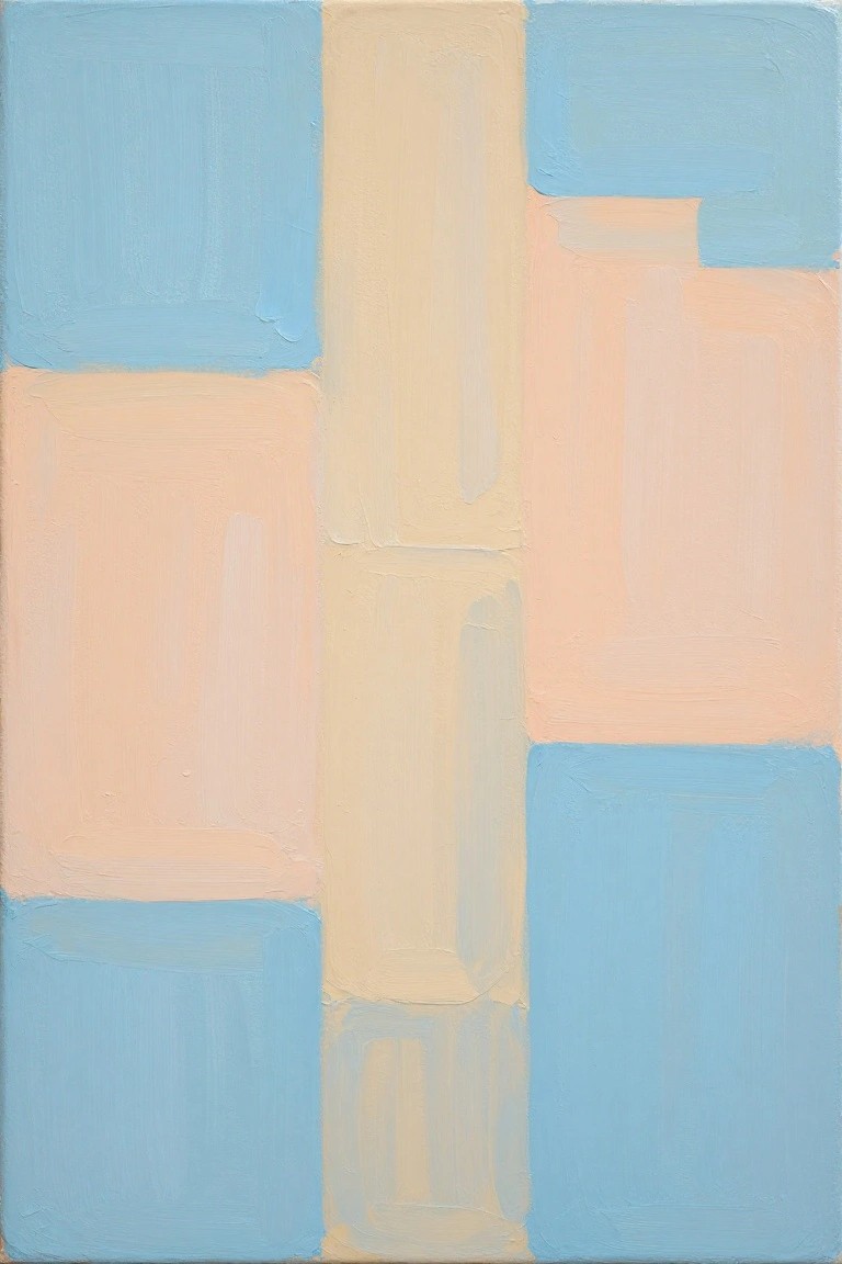 Abstract painting of overlapping blue and peach geometric rectangles with brushstrokes.
