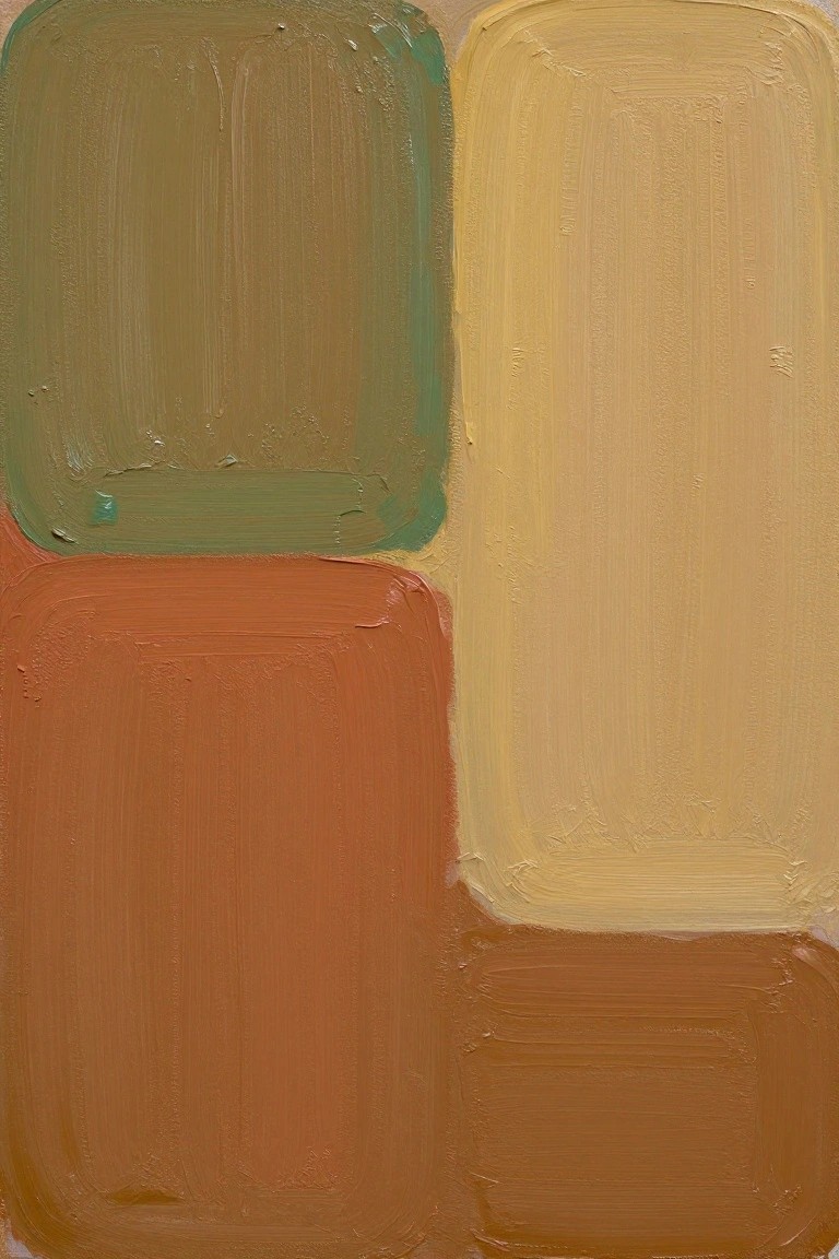 Abstract painting of overlapping textured rectangles in earthy green, yellow, orange, and brown.