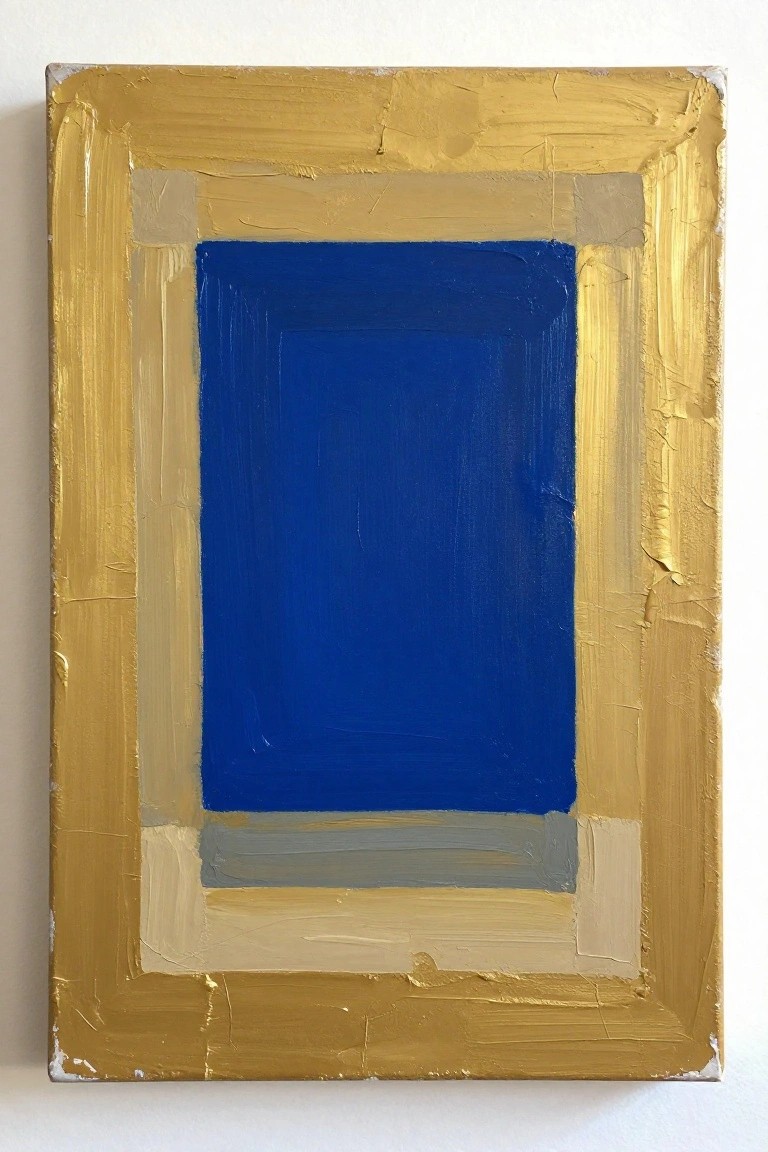Abstract painting with thick gold border framing a deep blue center.