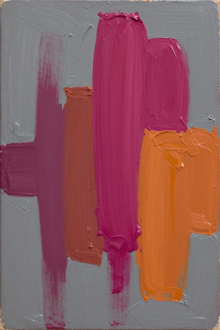 Abstract painting with bold magenta, orange, and brown vertical strokes on gray.