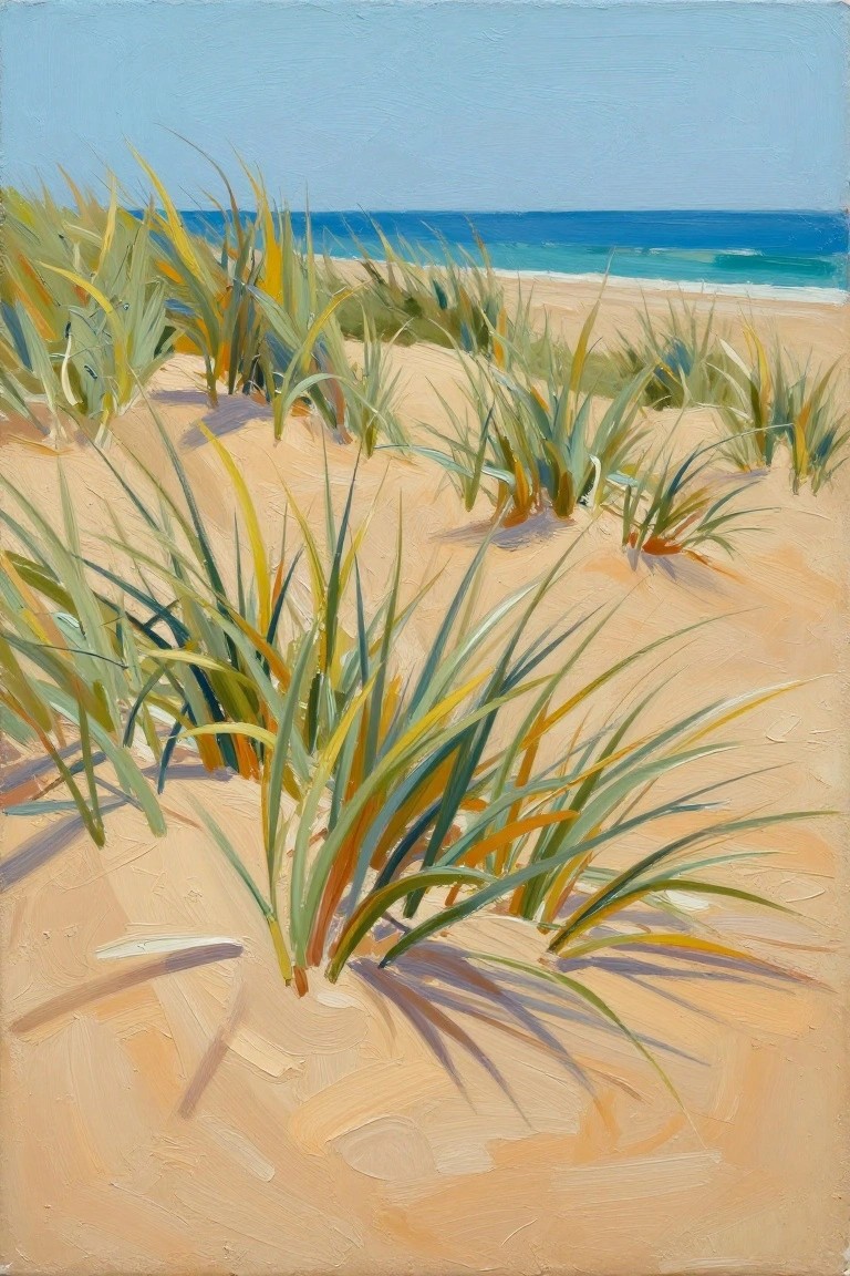 Tall grass on sandy dunes overlooking blue ocean under clear sky