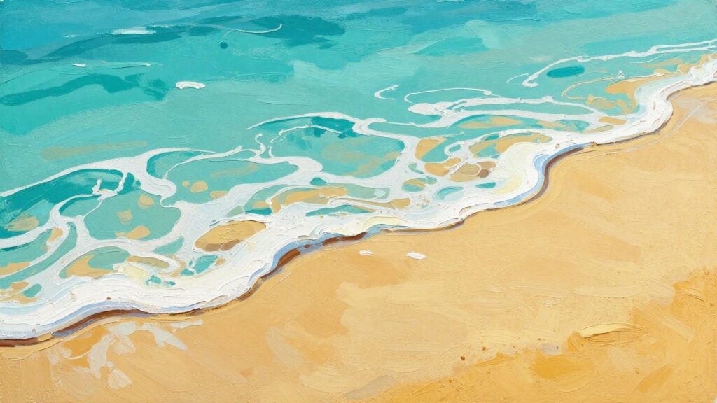 Textured painting of turquoise waves with white foam on golden sandy beach