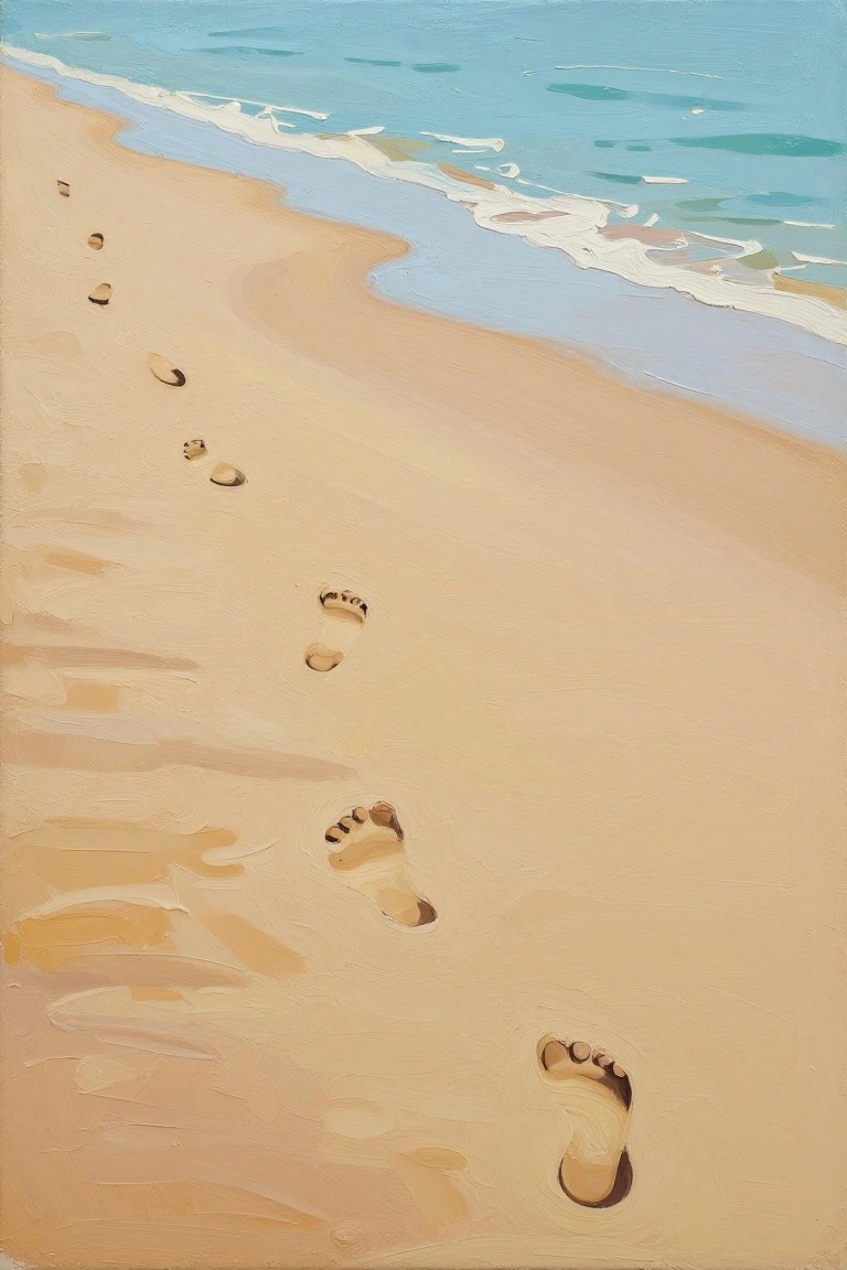 Footprints trail across sandy beach toward turquoise waves with white foam.