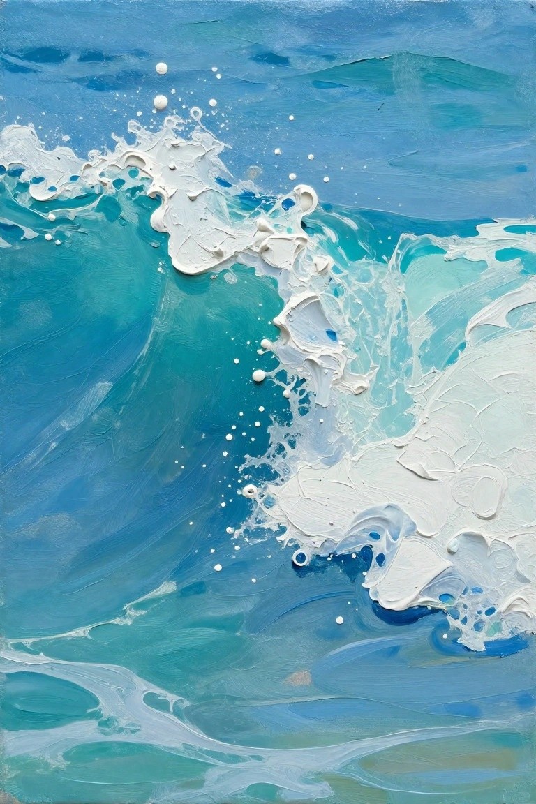 An acrylic painting depicting ocean waves in shades of blue with thick white paint forming splashing foam and scattered droplets.
