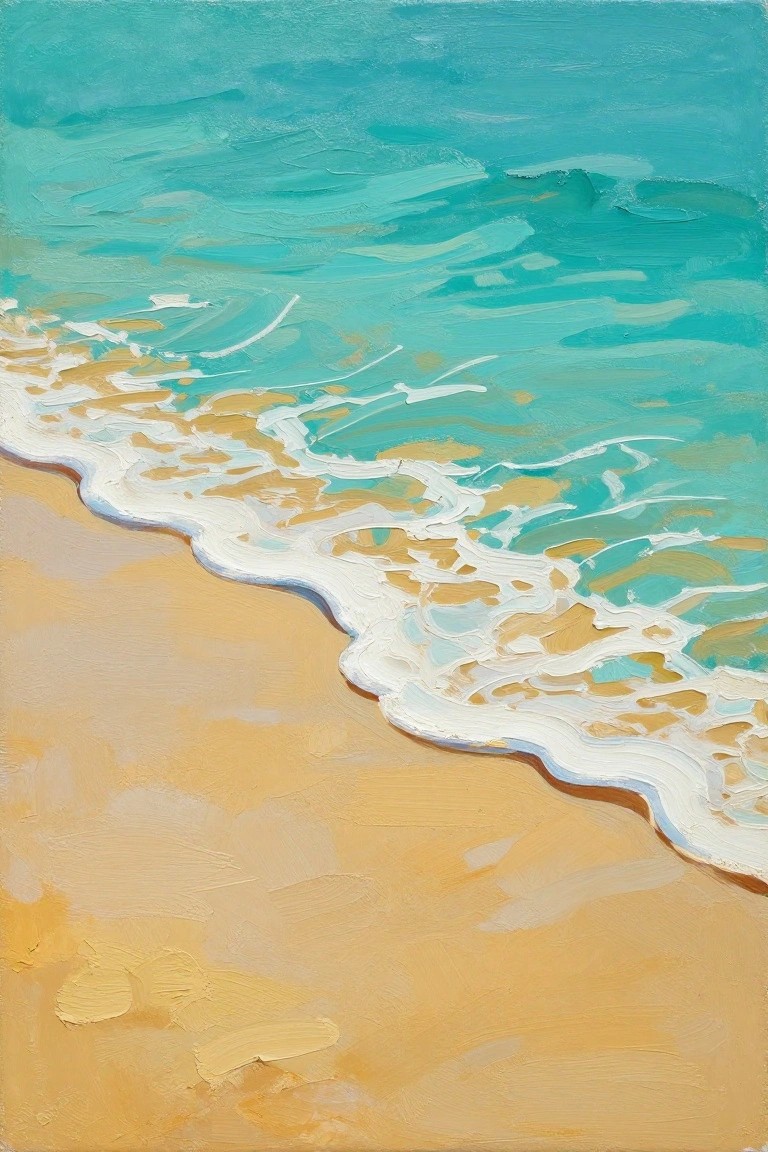 Textured painting of turquoise waves with white foam on golden sandy beach