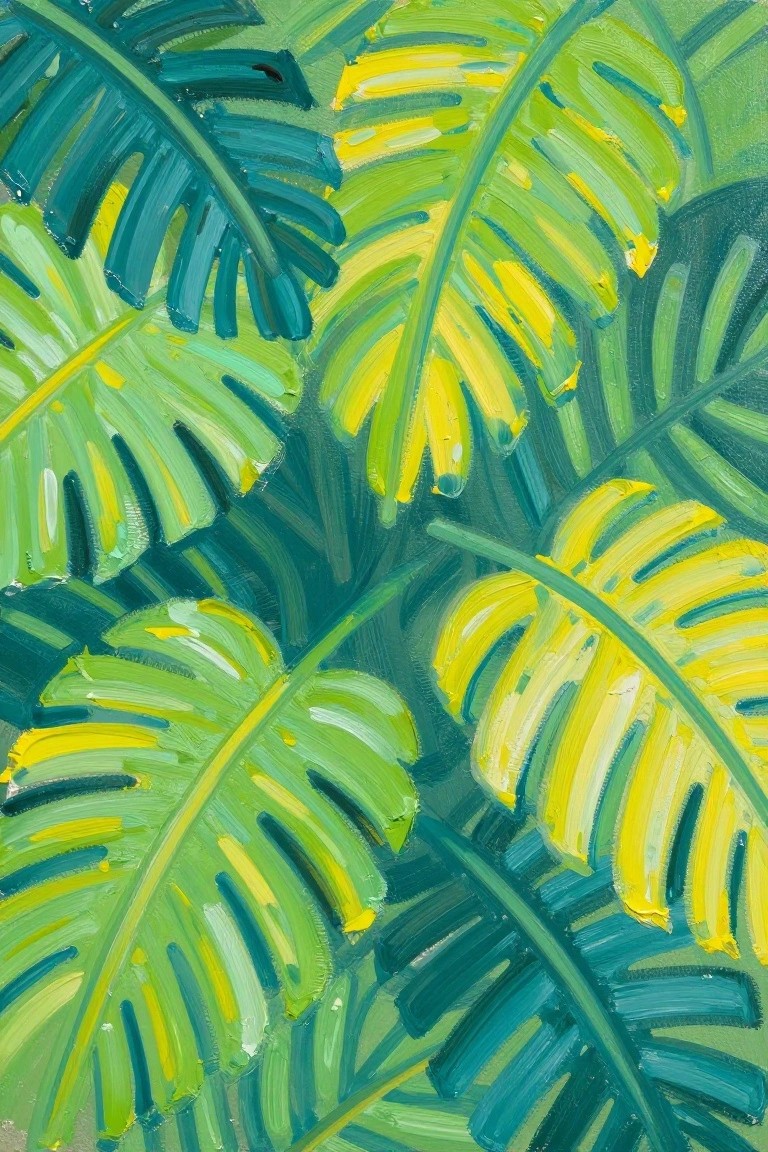 Vibrant overlapping tropical leaves in green and yellow with bold brushstrokes.