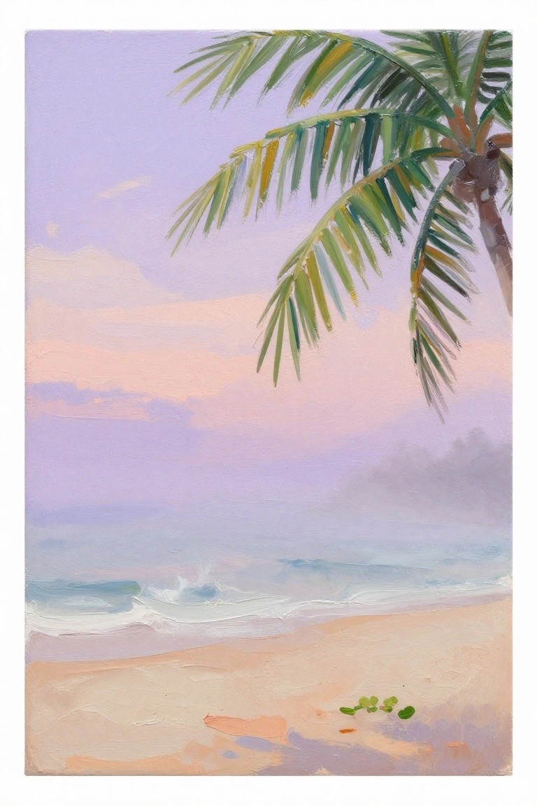 Palm tree with green fronds over pastel purple-pink sky and ocean waves on sand