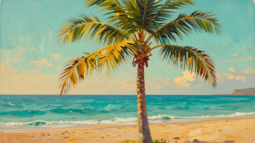 22 Tropical Summer Acrylic Palm Tree Painting Ideas for Bright Beach Decor Lone palm tree on sandy beach with turquoise ocean and blue sky