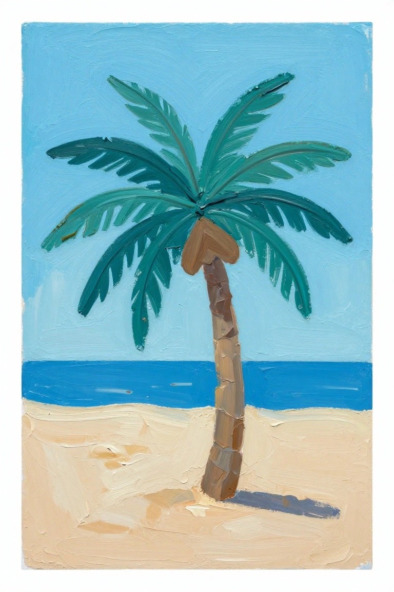 Thickly painted palm tree on sandy beach with blue sea and sky.
