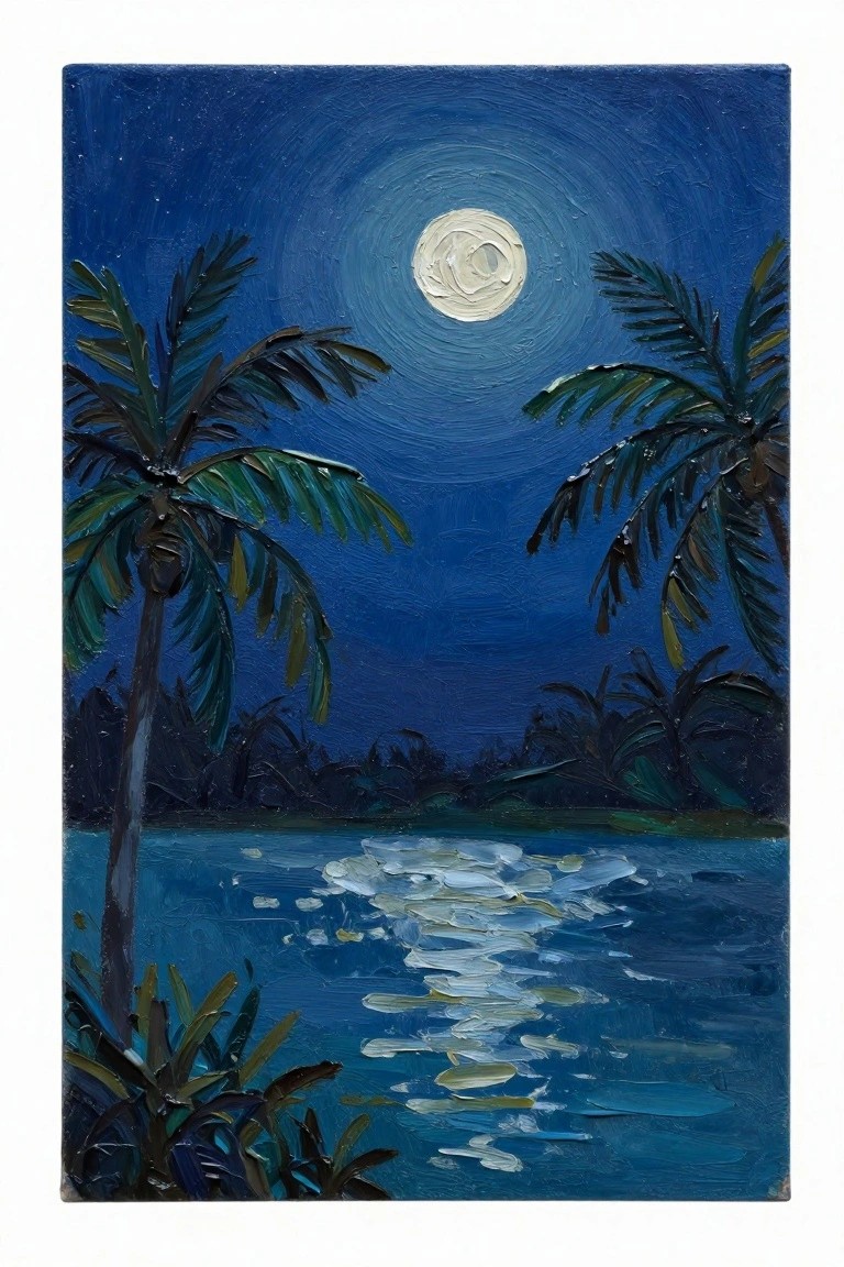 Oil painting of full moon over palm trees with moonlight reflecting on water.