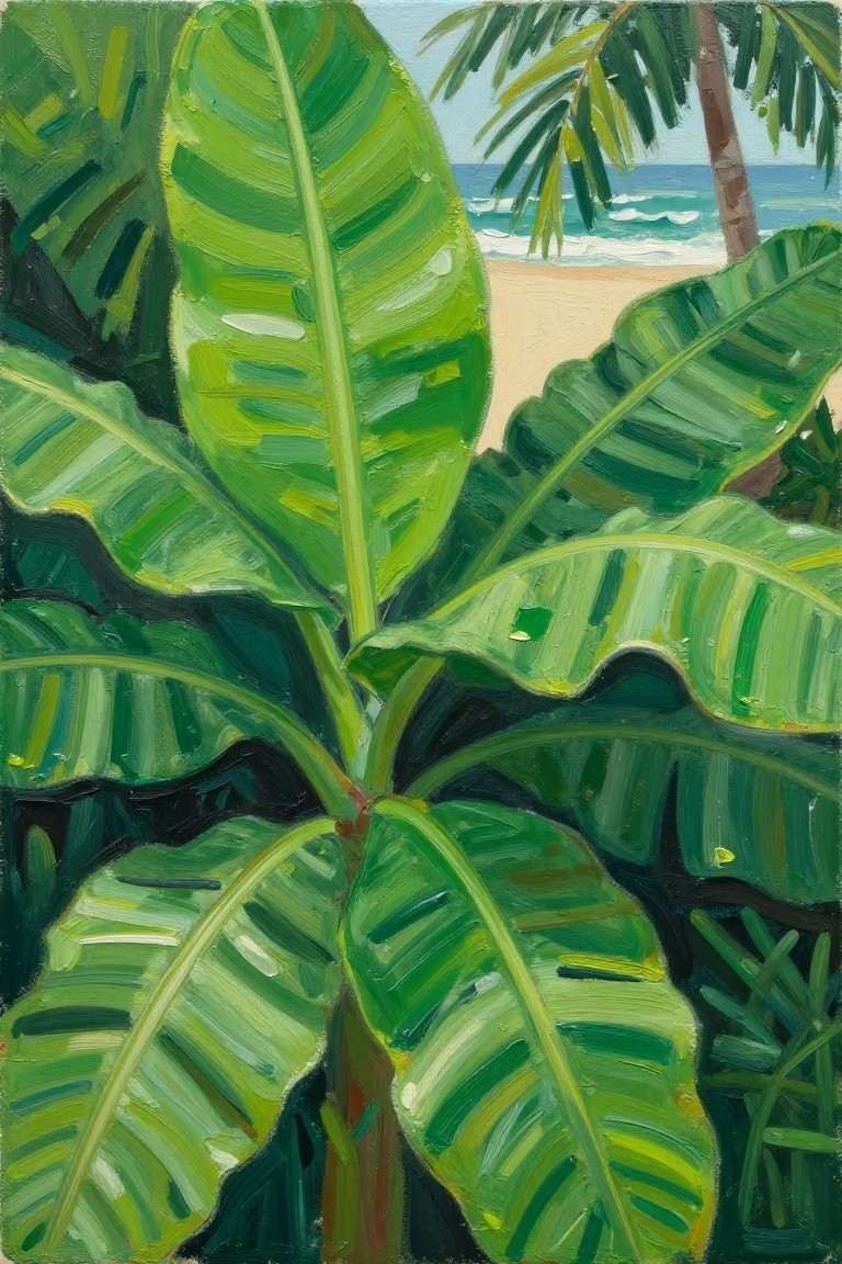 Large green banana leaves frame a sunny tropical beach with ocean waves beyond