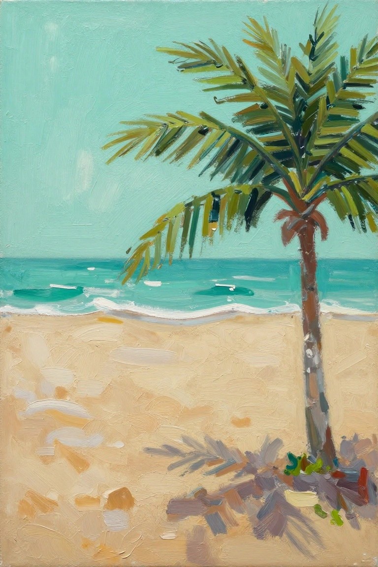 Thickly brushed palm tree on sandy beach beside turquoise ocean waves under blue sky