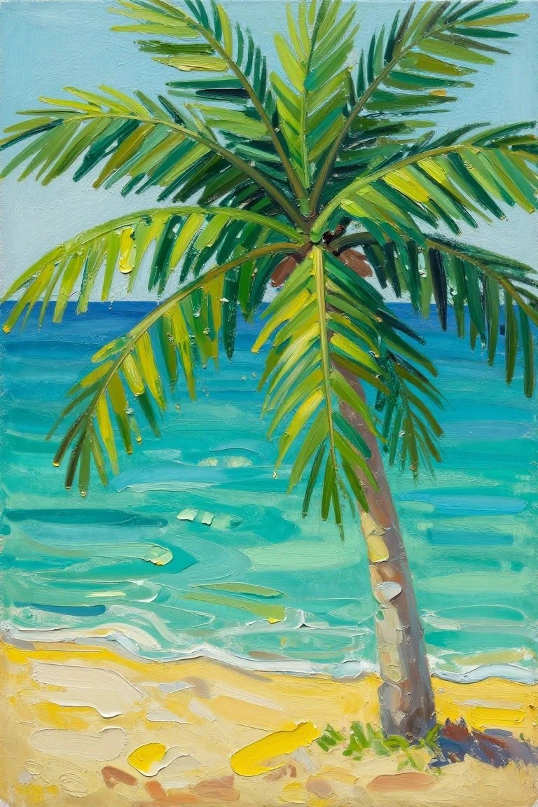 Vibrant impasto painting of leaning palm tree on yellow beach by turquoise sea.