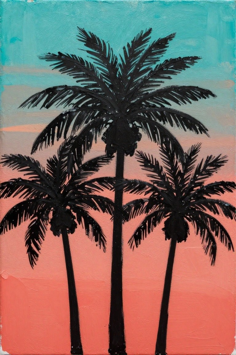 Three black palm trees silhouetted against turquoise pink orange gradient sky
