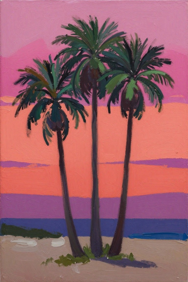 Three palm trees on sandy beach under pink orange purple sunset sky