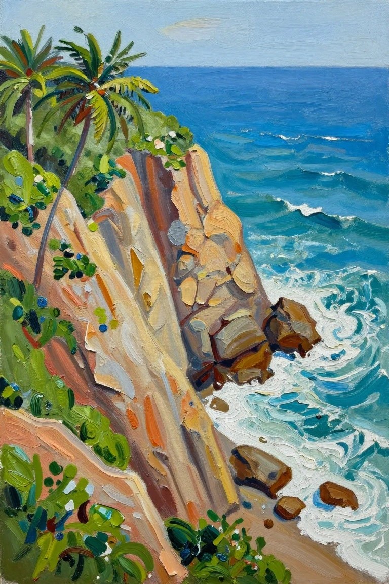 Colorful painting of palm trees atop cliffs above crashing blue ocean waves