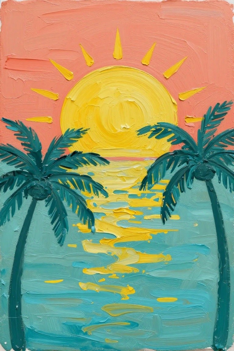Impasto painting of sunset with yellow sun, pink sky, palm trees, and turquoise sea.