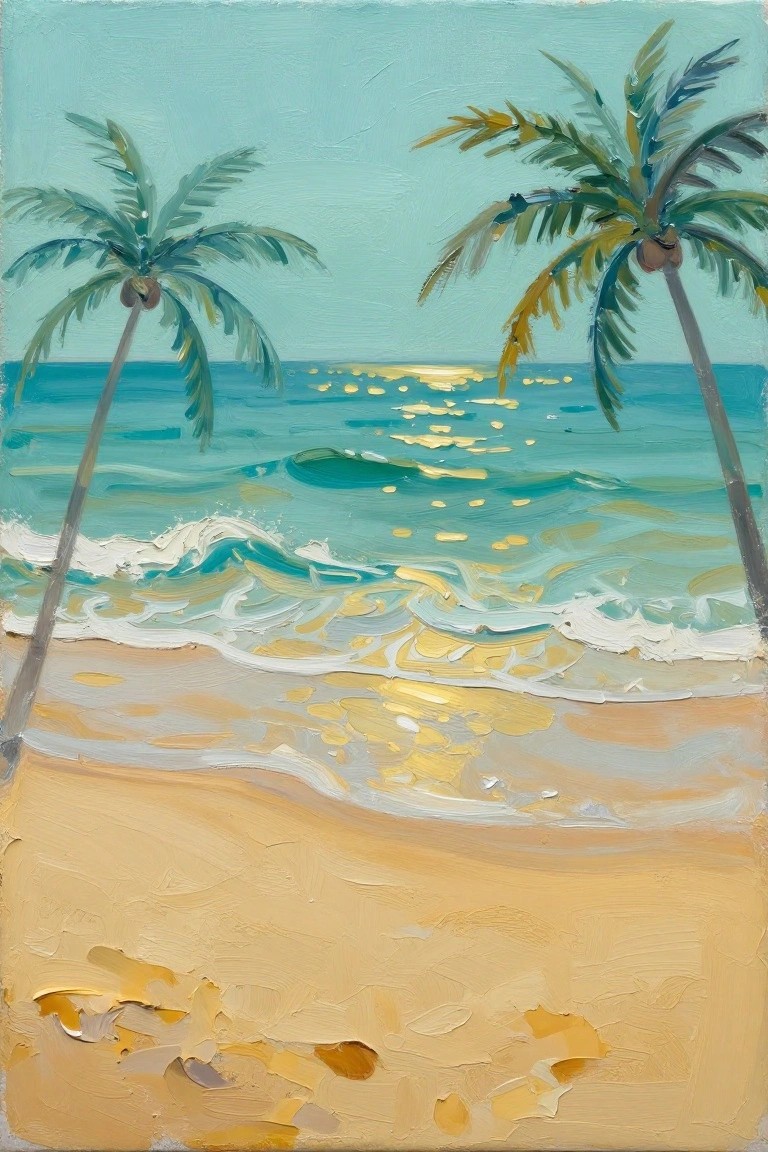 Acrylic painting of a tropical beach with two palm trees, turquoise waves, golden sunlight reflections on the water, and a sandy foreground.