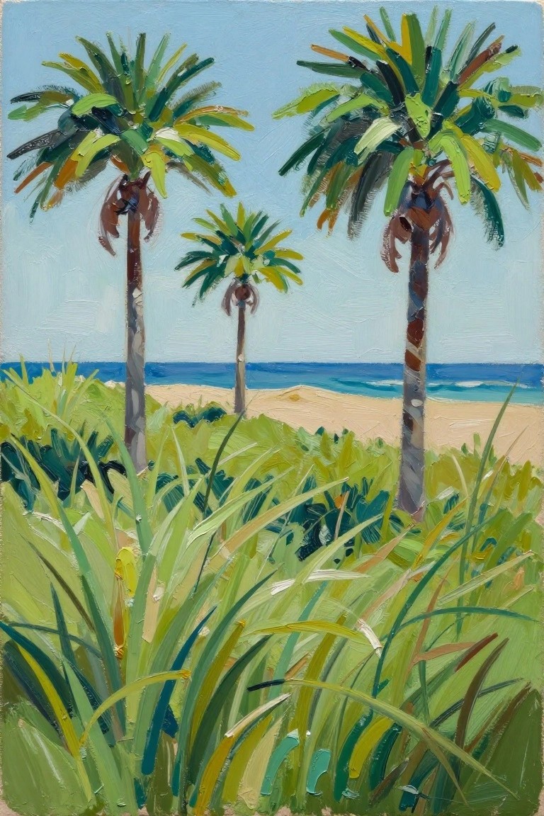 Vibrant painting of palm trees, tall grass, sandy beach, and blue ocean