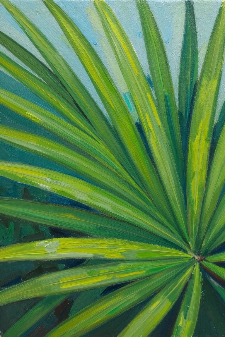 Vibrant green and yellow palm fronds radiating outward with bold brushstrokes on blue background.