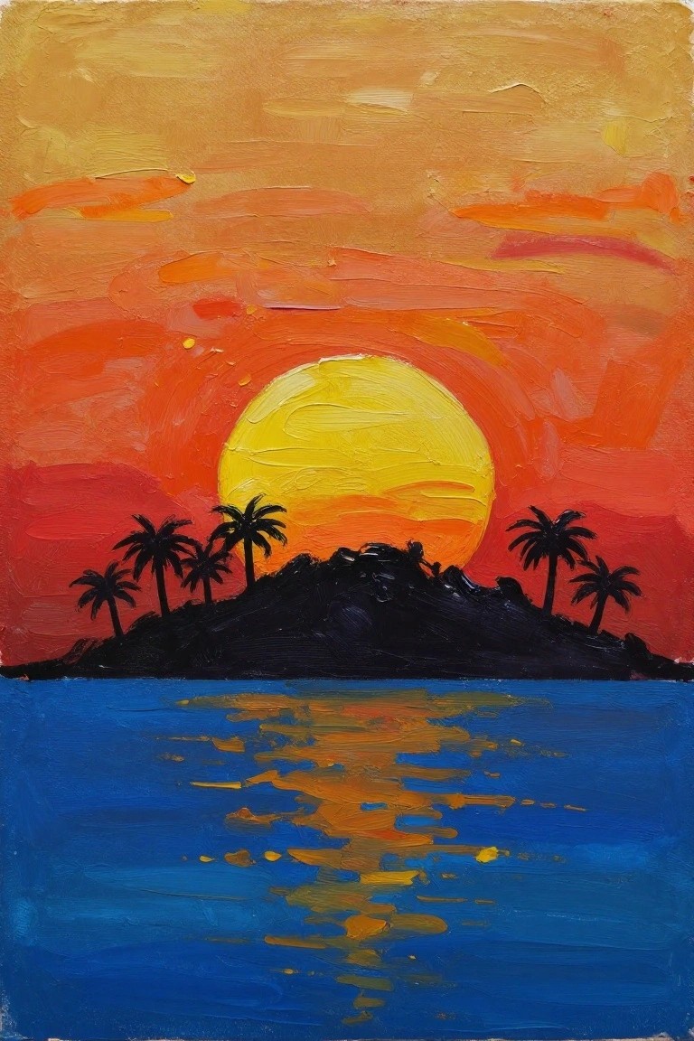 Vibrant oil painting of sunset with yellow sun, orange sky, and palm silhouettes over blue water