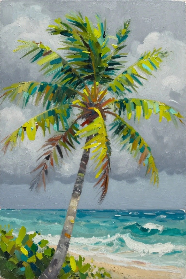Colorful palm tree on tropical beach with turquoise waves under gray clouds