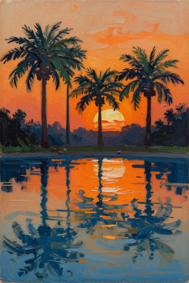 Vibrant sunset painting with palm trees reflecting in calm orange water