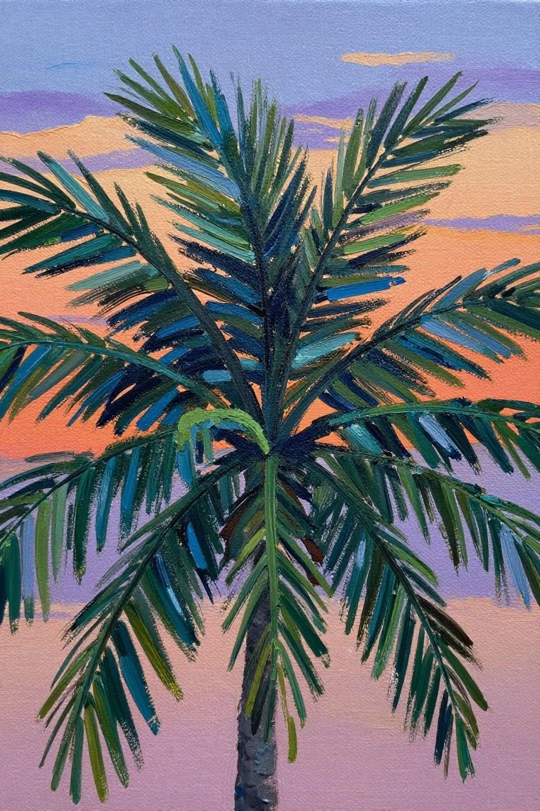 Expressive painting of palm tree with blue-green fronds against orange-purple sunset and hills.