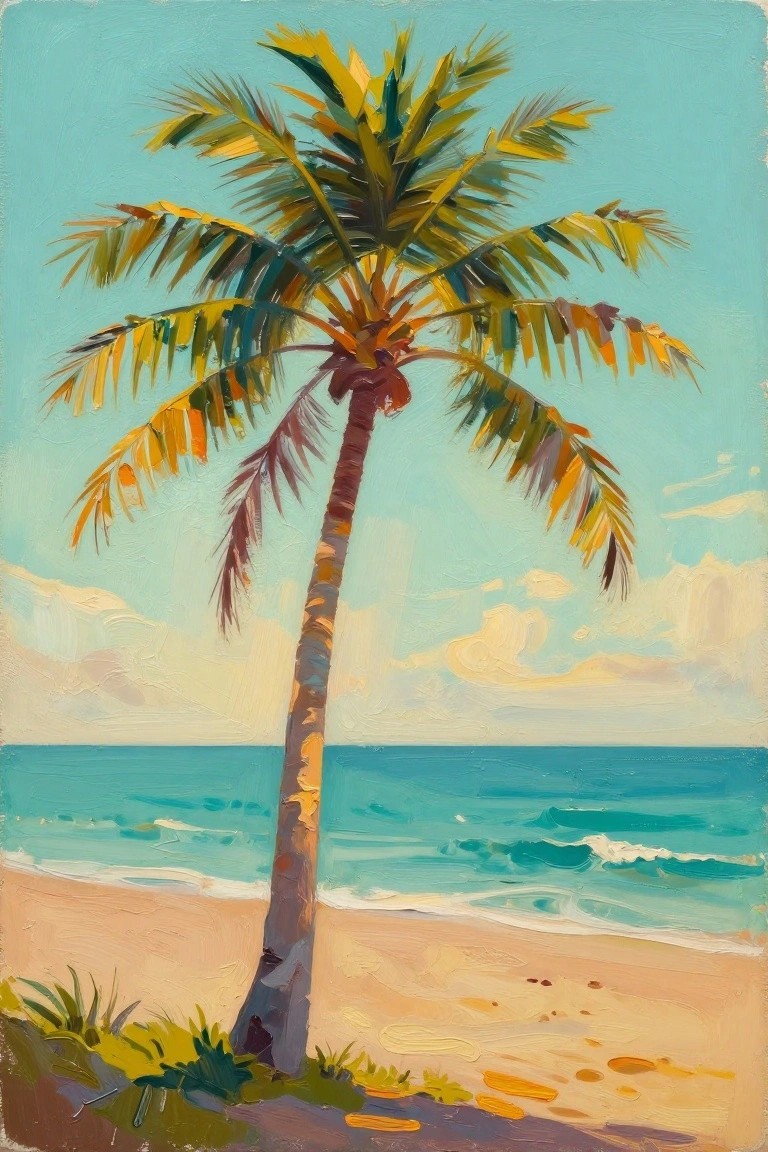 Lone palm tree on sandy beach with turquoise ocean and blue sky