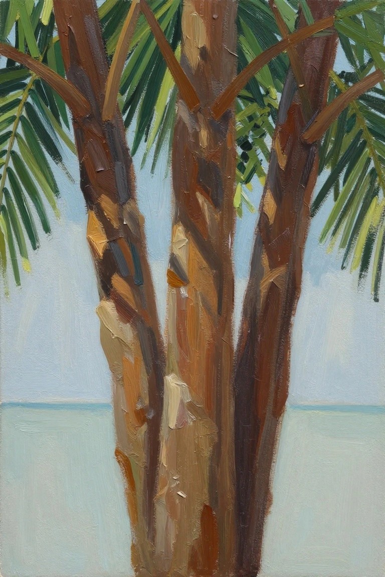 Three palm trunks in textured browns with green fronds against light blue sky.