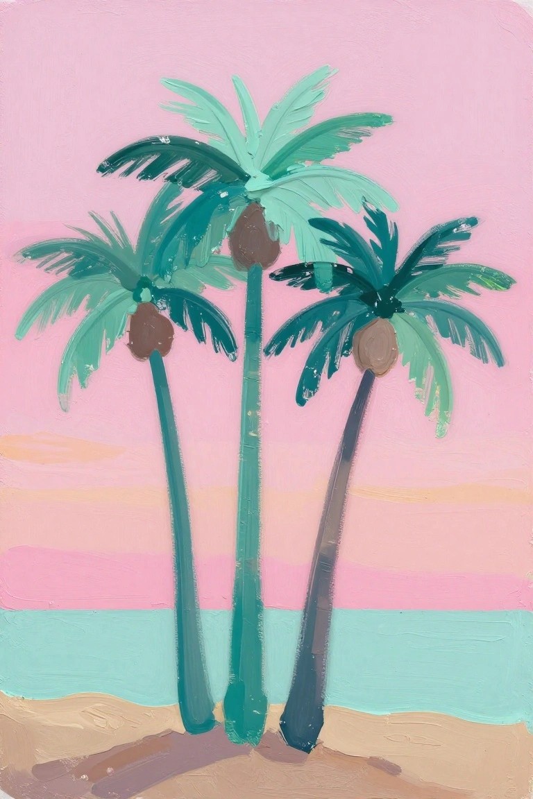 Three palm trees on beach under pink sky with turquoise water and sand