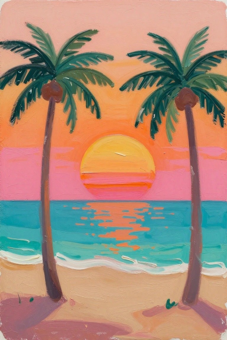 An acrylic painting of two palm trees on a beach with a large yellow sun setting over turquoise water.