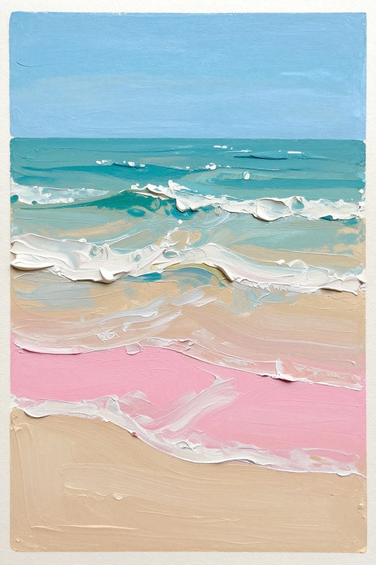 Impasto painting of turquoise waves crashing on pink and beige sand beach.