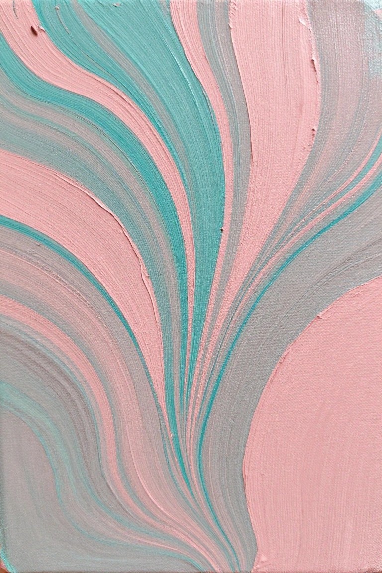 Abstract painting with swirling pink, turquoise, and gray brushstrokes on canvas.