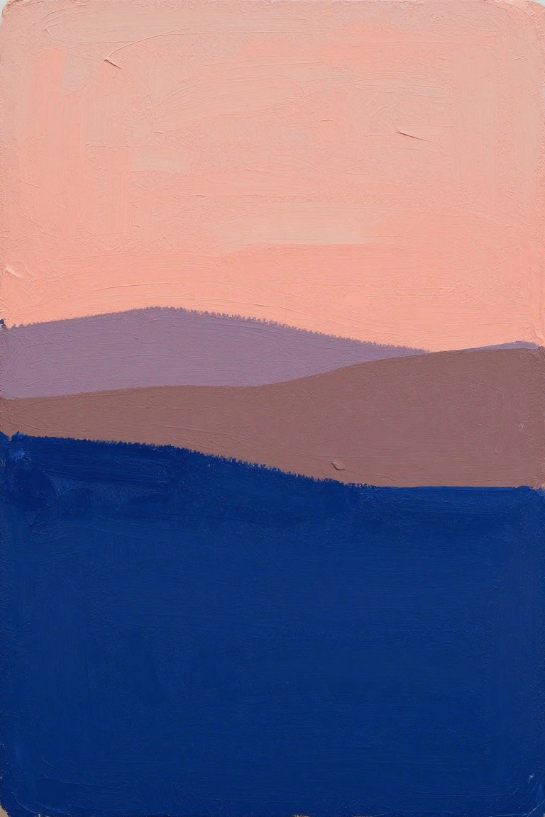 Abstract painting of layered peach sky, purple hills, brown land, blue water.