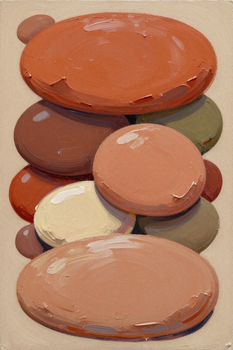 An acrylic painting of stacked oval shapes in shades of orange, brown, beige, and muted green against a light background.