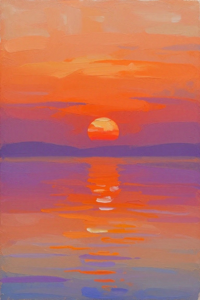 Vibrant oil painting of glowing orange sun reflecting on purple waters