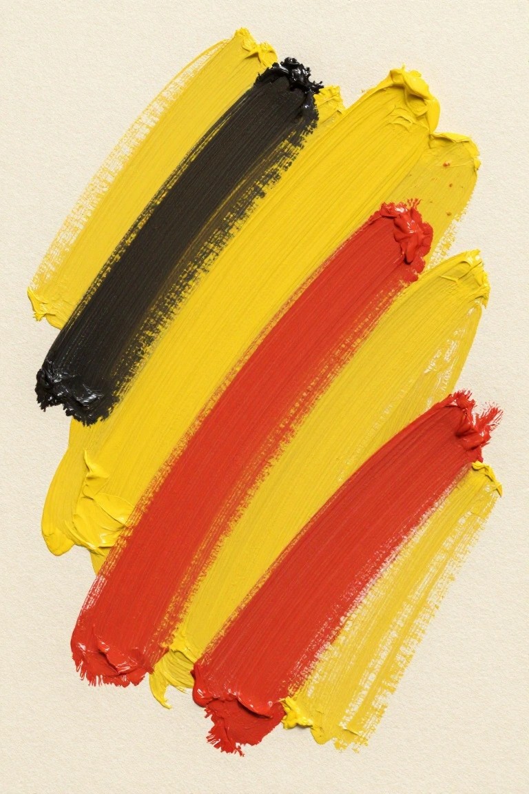 Thick overlapping brushstrokes of yellow, red, and black paint with rich texture